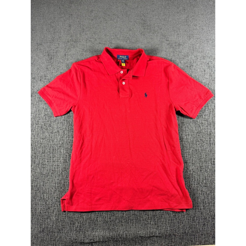 Polo Ralph Lauren Boys Red Short Sleeve Pique Polo Shirt Size L 14-16 Navy Pony